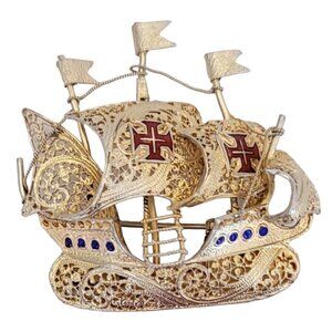 Topazio Silver, Enamel British Ship Pin Brooch, Signed M787